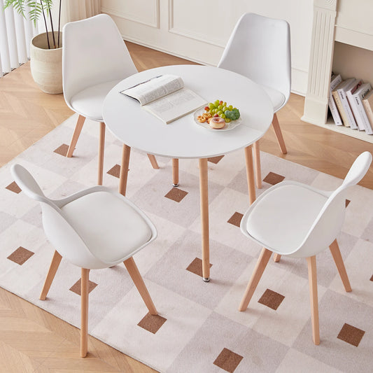 Nordic Round Dining Table and 4 Dining Chairs Set with Cushion